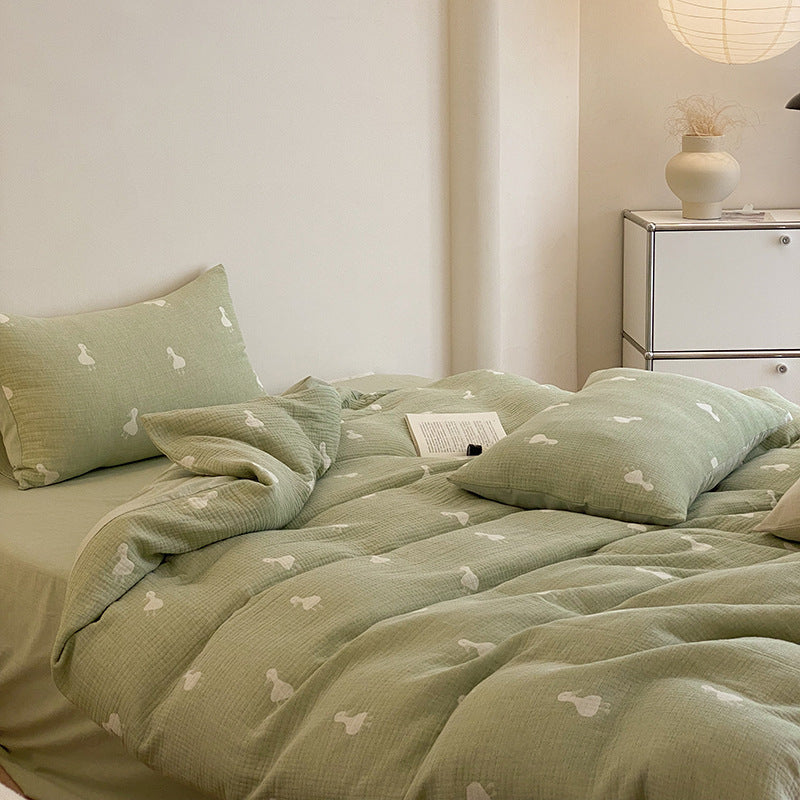 ju fluffy soft three-layer gauze cotton four-piece set cute jacquard baby baby with cotton duvet cover bed sheets 2.0kg - Mixbatch