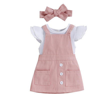 A Amazon Summer Baby Kids Flying Sleeve Cotton Pit Strip Triangle Bag Fart Ha Yi Print Straps Short Skirt Tide Girl Set - Mixbatch