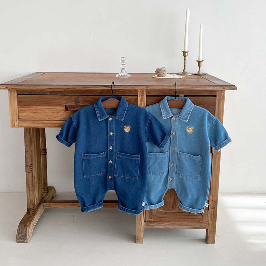 A baby spring and autumn denim jumpsuit for boys and girls, cartoon teddy bear with open buckle, long crawling clothes for newborns - Mixbatch