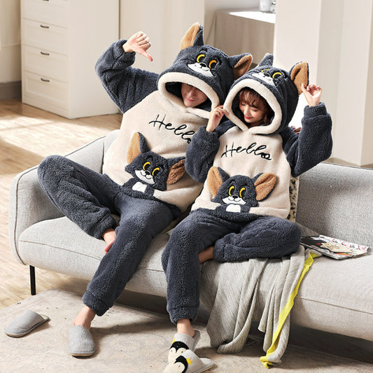 A Autumn and winter coral fleece men's and women's pajamas long-sleeved hooded cartoon flannel thickened couple loungewear warm suit