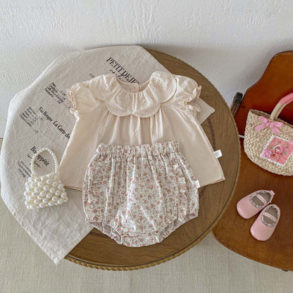 A spot 24 summer new girls floral jumpsuit ruffled lapels bag fart clothes Ha clothes baby short sleeve climbing clothes - Mixbatch