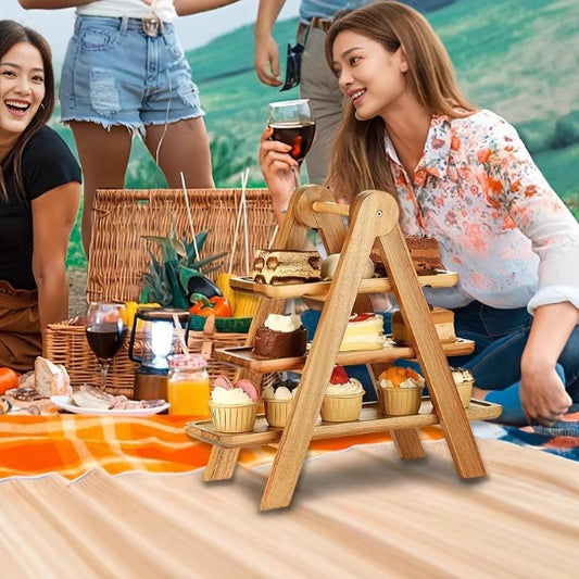 رف خضروات ثلاثي الطبقات مصنوع من خشب الأكاسيا والباولونيا، صينية خشبية للتخزين 