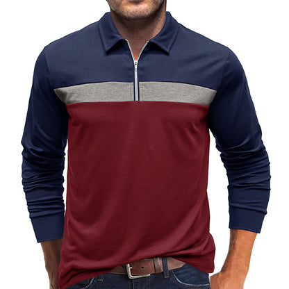 A Men's Fashion Color-Blocking Long Sleeve Zip Henry Shirt Amazon Fall Winter Men's Lapel Casual POLO Shirt