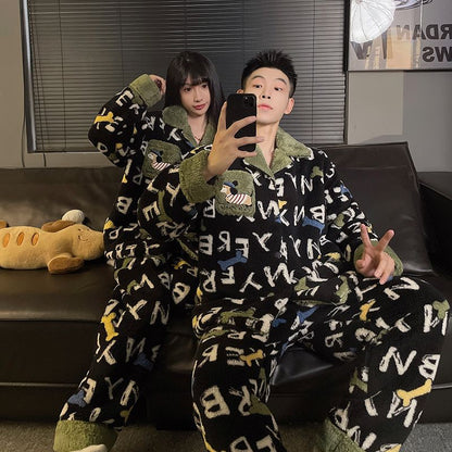 A autumn and winter coral fleece couple pajamas fleece thickened warm cartoon cardigan lapel can be worn outside loungewear set