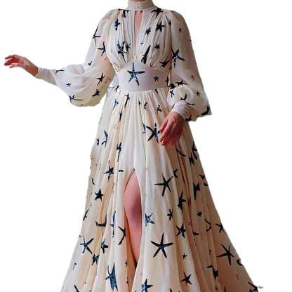 A new multi-color semi-turtleneck sequined slit lantern sleeve pendulum dress chiffon dress