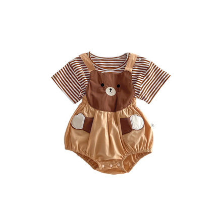 A 2024 summer new baby onesie for boys and girls cute bear strap bag fart shirt short sleeve t-shirt set - Mixbatch