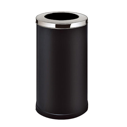 A stainless steel trash can