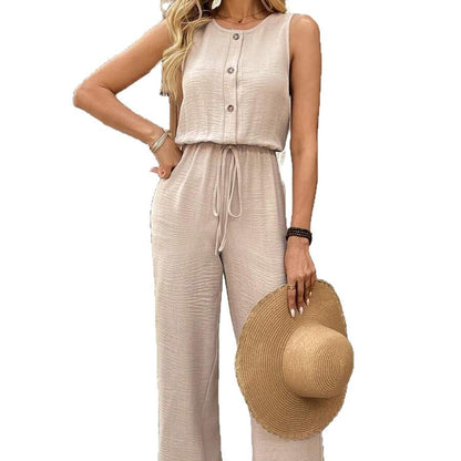 A summer women's solid color two-piece set V-neck sleeveless vest top, trousers casual suit