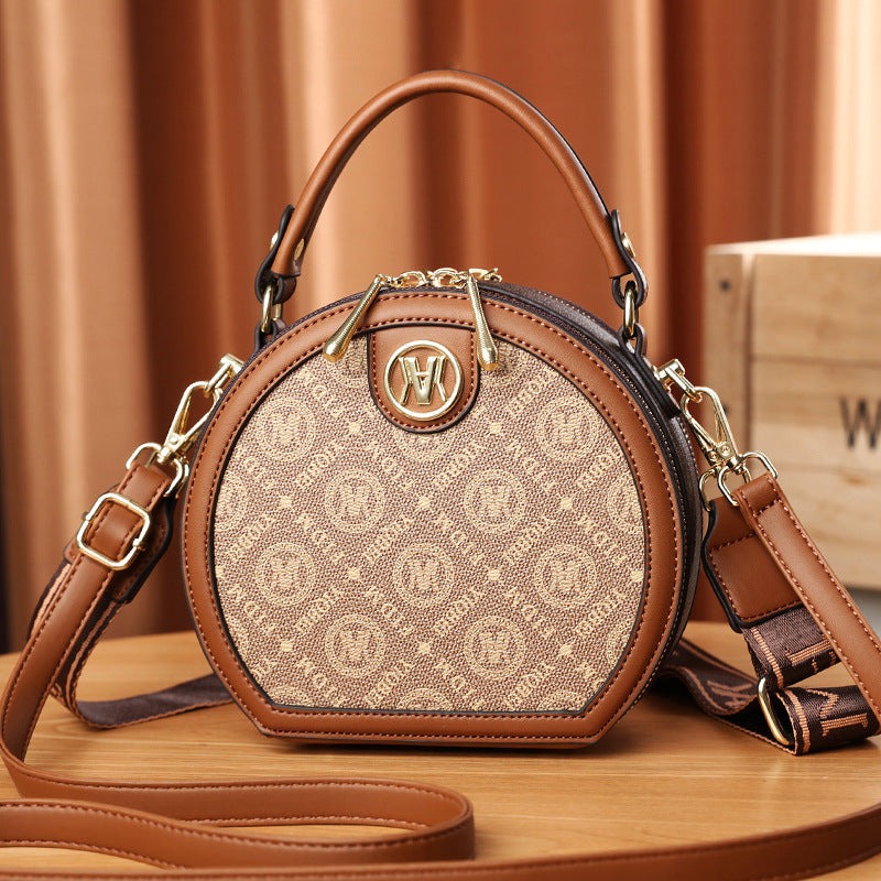 A new women's bag pu printed casual shoulder bag portable round cake bag women's bag - Mixbatch