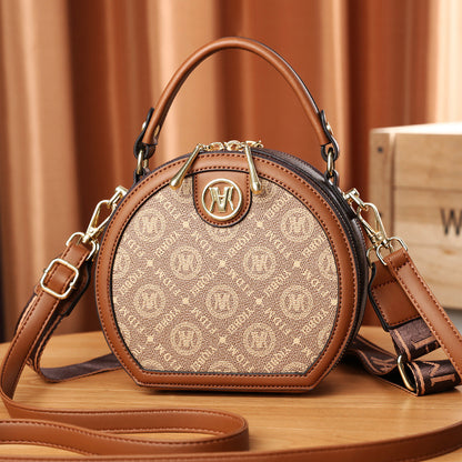 A new women's bag pu printed casual shoulder bag portable round cake bag women's bag - Mixbatch