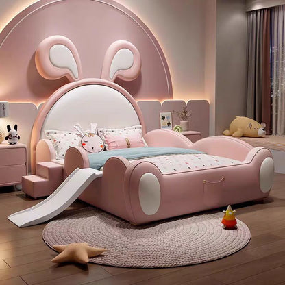 A children's bed girl castle princess bed children's bedroom creative pink cartoon rabbit bed with guardrail storage leather bed