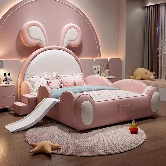 A children's bed girl castle princess bed children's bedroom creative pink cartoon rabbit bed with guardrail storage leather bed