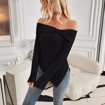 Europe, America, cross-border Amazon independent station 2025 autumn and winter new products women's fashion one-word shoulder slim split T-shirt