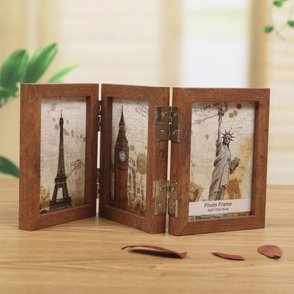 A three-fold wooden photo frame photo frame table 7-inch 8-inch double-sided folding photo frame literary picture frame