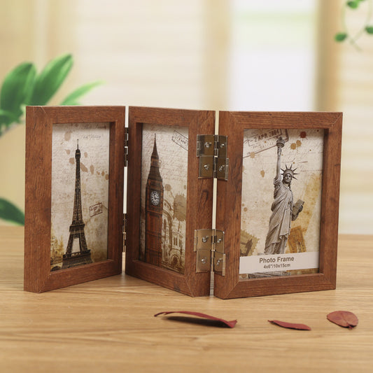 A three-fold wooden photo frame photo frame table 7-inch 8-inch double-sided folding photo frame literary picture frame