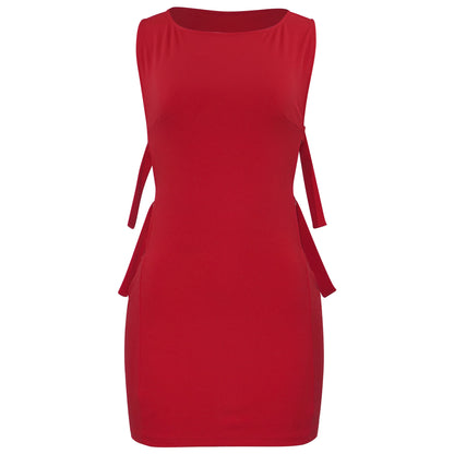 A710DS European and American cross-border 2025 spring explosion side buckle sexy round neck slim dress hip skirt - Mixbatch