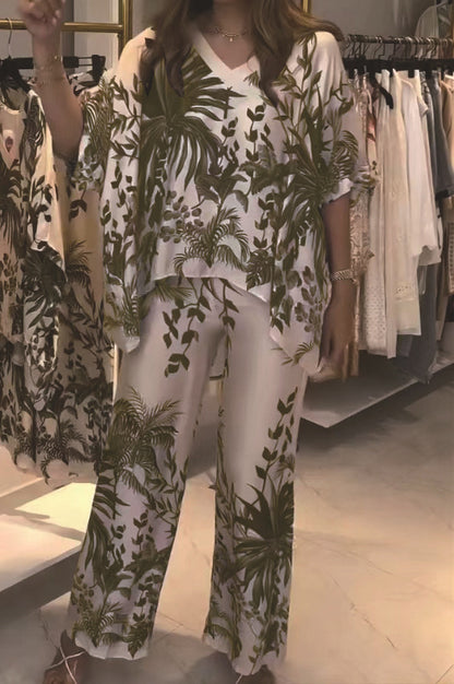 A Summer Fashion Casual Women's V-Neck Printed Shoulder Sleeve Set Multi-Color Large Size Women's Clothing