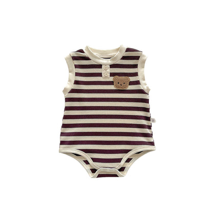 A children's summer dress sleeveless bag fart clothes ins Korean version baby striped bear vest onesie baby outing clothes - Mixbatch