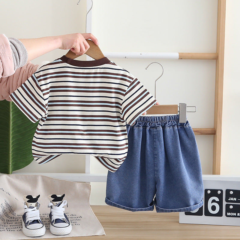 A Children's Summer Retro Color Coffee Striped Short Sleeve T-Shirt Boys and Girls Cartoon Crew Neck Half Sleeve Set