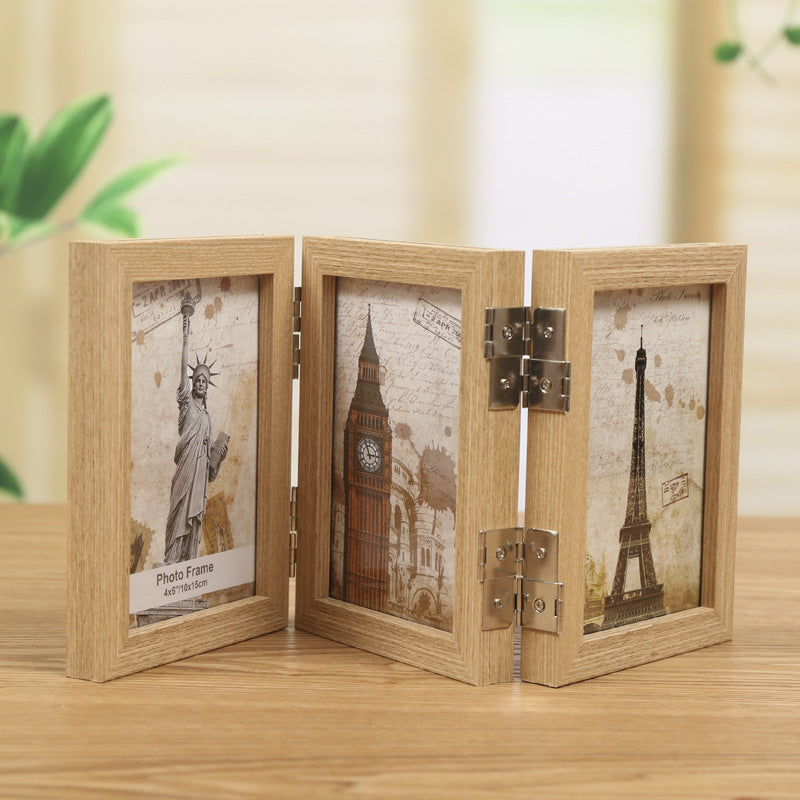 A three-fold wooden photo frame photo frame table 7-inch 8-inch double-sided folding photo frame literary picture frame