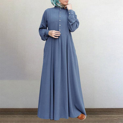 Europe, America, Central and Southeast Asia Autumn and Winter Casual National Style Retro Cardigan Crew Neck Pendulum Dress Muslim Women's Clothing - Mixbatch