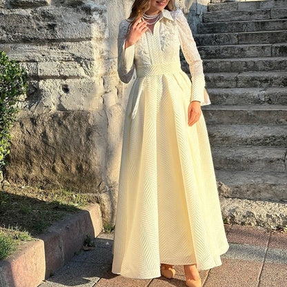 A European and American white chest beaded lace yarn French retro long-sleeved slim dress