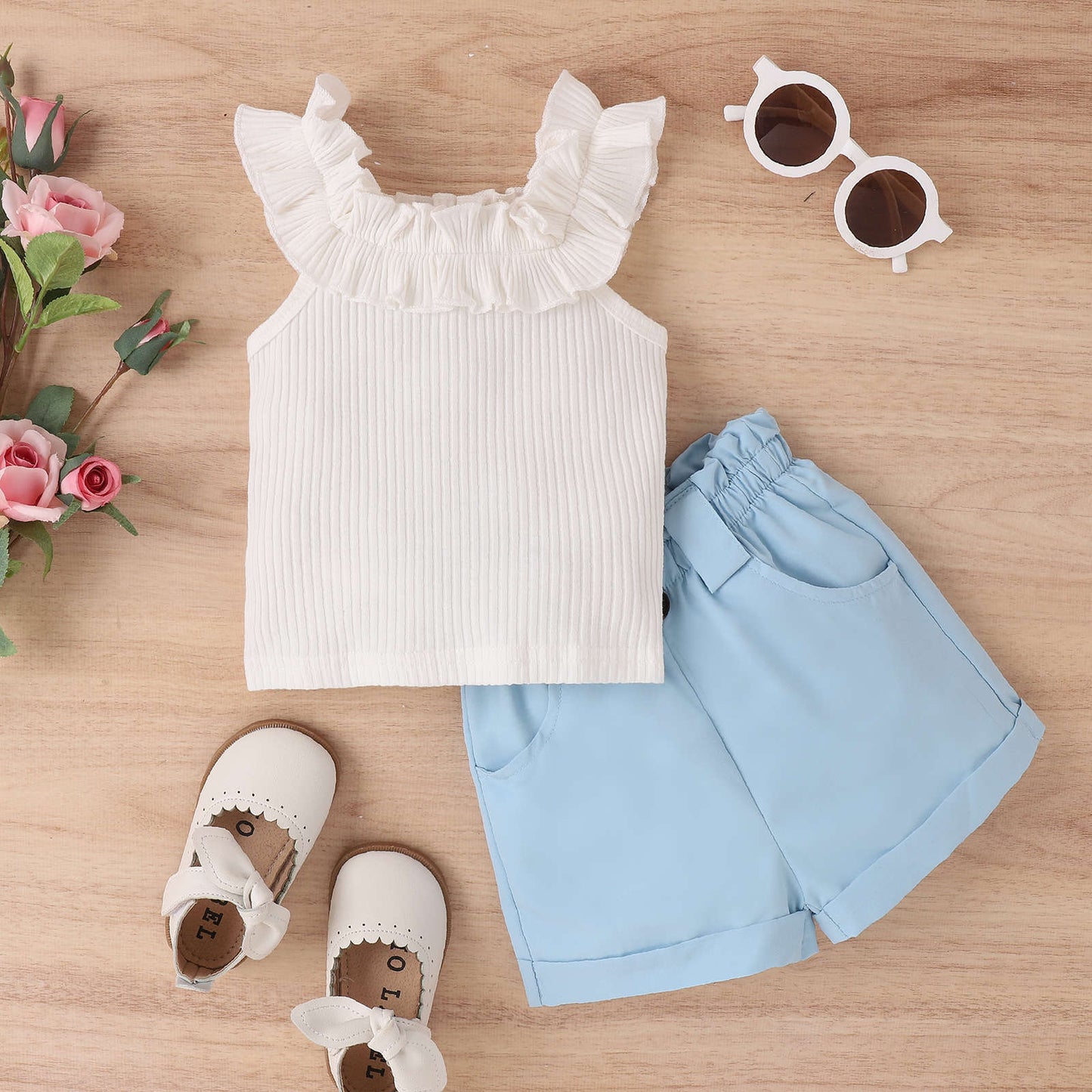 A Tengxin Children's Clothing Amazon Spring/Summer Small and Medium Children's Wooden Ear Tank Top Sleeveless Top Solid Color Shorts Girls' Set - Mixbatch