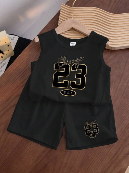 A European, American and foreign trade Amazon summer new hot sale No. 32 printed children's clothing set short-sleeved T-shirt shorts medium and old children