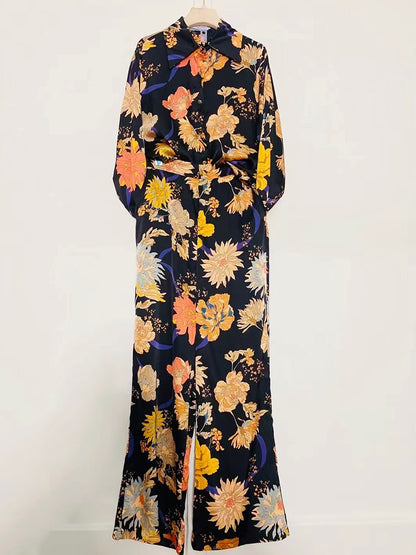 A Women's Retro Geometric Printed Lapel Shirt Two-piece Set + Loose Straight Pants Fashion Set
