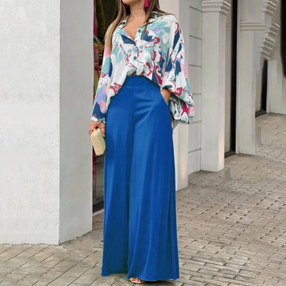 A printed shirt temperament elegant wide-leg pants fashion casual suit