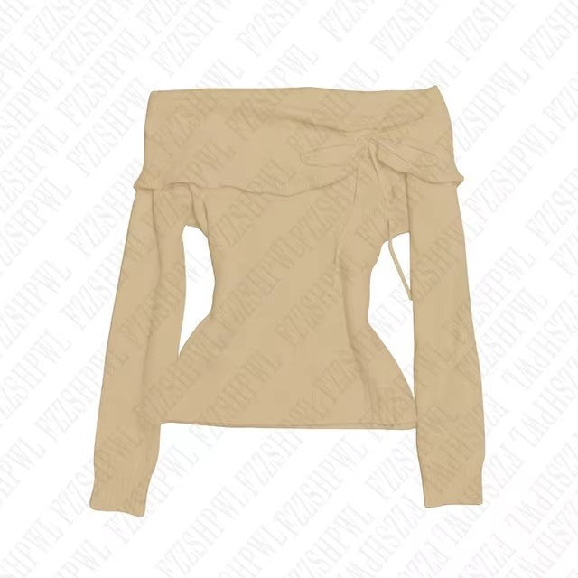 A new sexy Spice Girl one-word shoulder slim and thin off-shoulder versatile straps solid color long-sleeved top