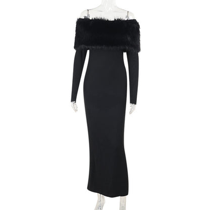 New long dress, fashionable style, elegant one-word shoulder fur collar slim dress - Mixbatch