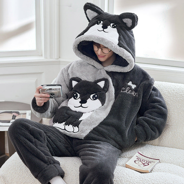 A Autumn and winter coral fleece men's and women's pajamas long-sleeved hooded cartoon flannel thickened couple loungewear warm suit
