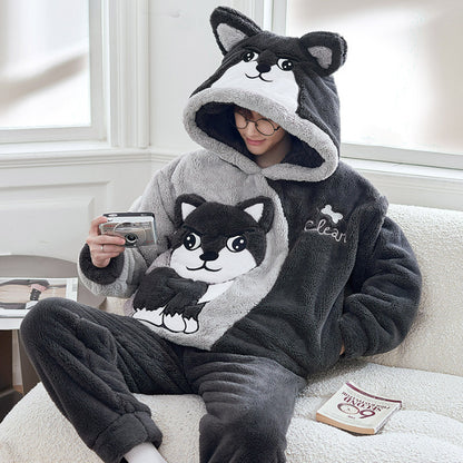 A Autumn and winter coral fleece men's and women's pajamas long-sleeved hooded cartoon flannel thickened couple loungewear warm suit