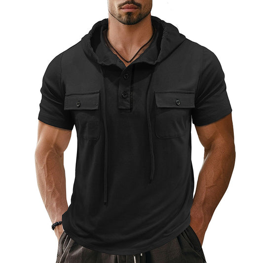 A Men's Outdoor Double Pocket Hat Cord Short Sleeve Henry Undershirt Cross-Border Casual Small Sweater Hooded Top T-Shirt