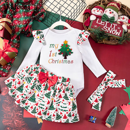 A Christmas children's long-sleeved skirt three-piece set