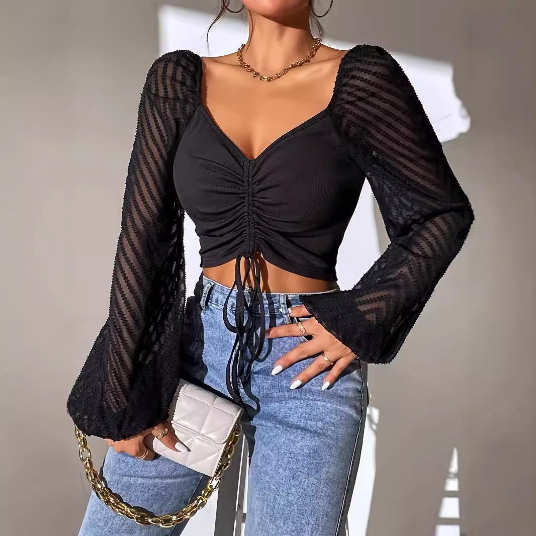 Spice Girl Chest Lace-Up Lantern Sleeve Crop Top - Mixbatch