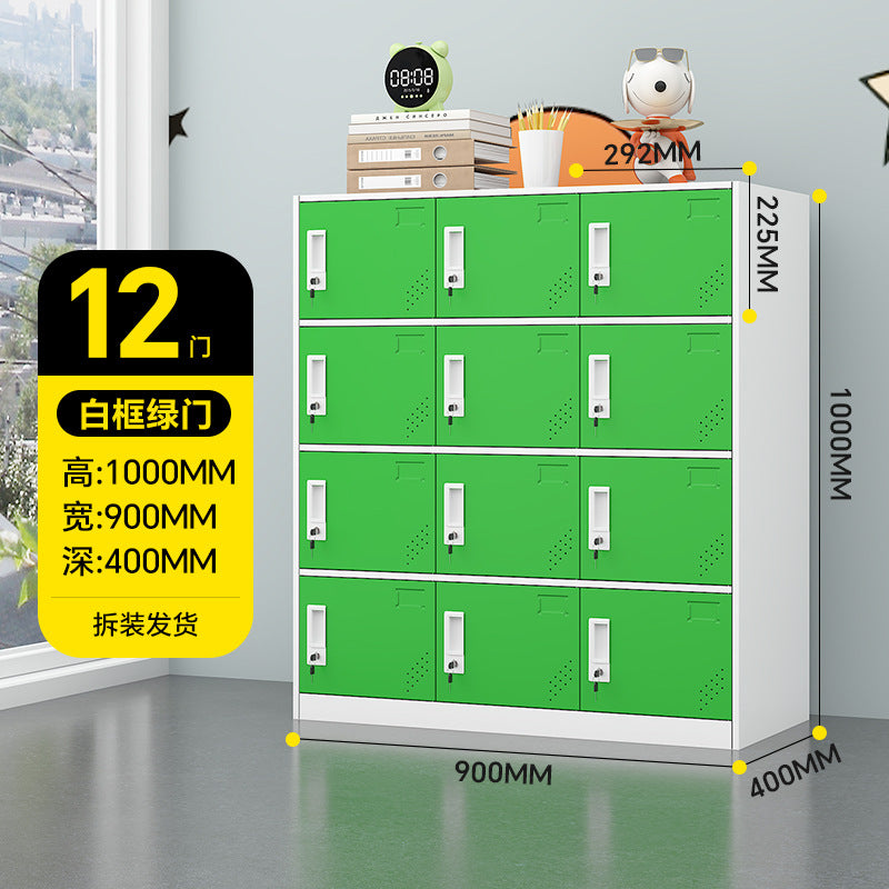 A colorful metal storage locker for school classrooms