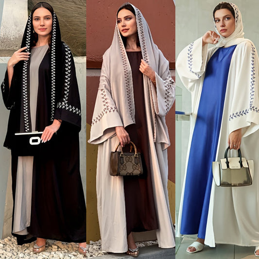 Women's Abaya Middle East Muslim Turban Cardigan Embroidered Dress Arabian Robe Bat Sleeve Overcoat Cross-Border - Mixbatch