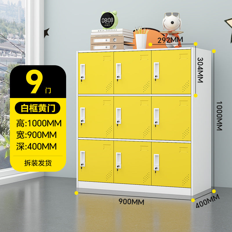 A colorful metal storage locker for school classrooms