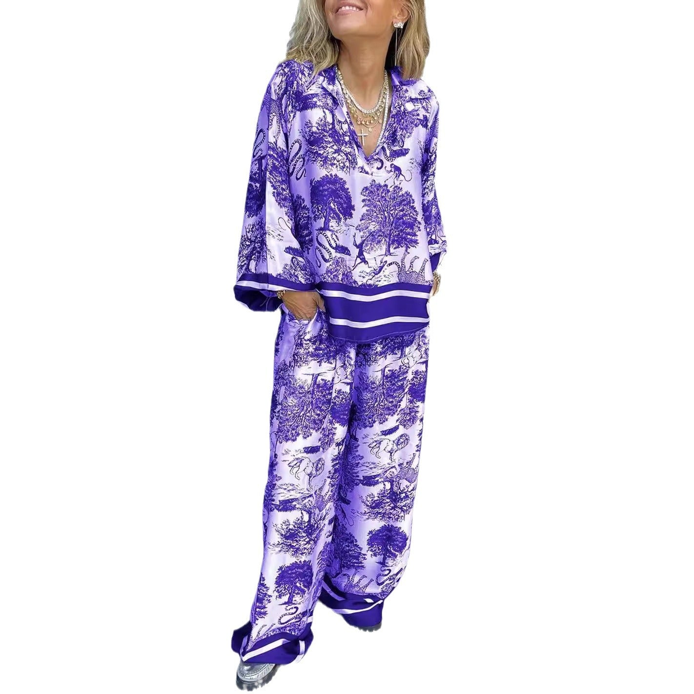 A Cross-border independent station fashionista V-neck printed long-sleeved pocket casual women's suit
