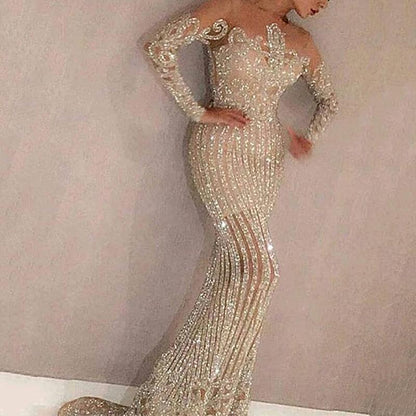 A spring and summer new long dress mid-waist temperament commuting sequins sprinkling gold slim-fitting gold slim-fitting dress