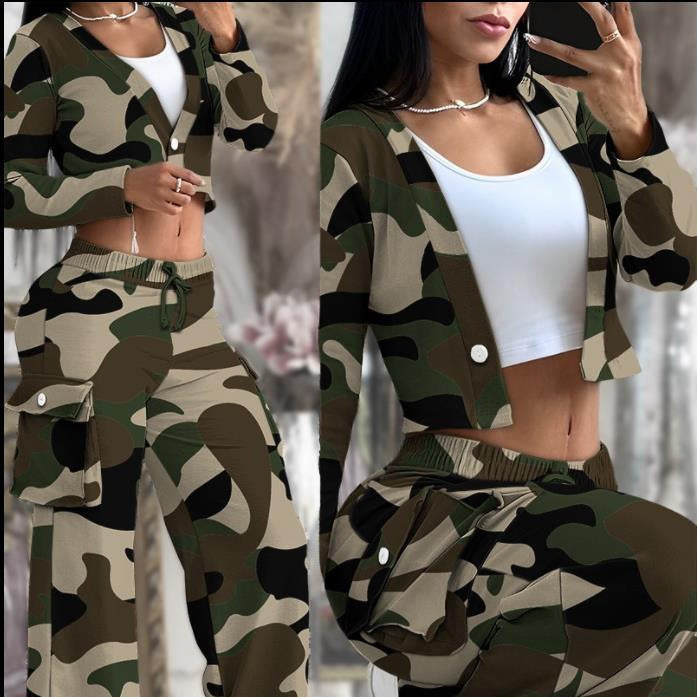 A Women's Casual Long Sleeve Solid Color Button Pocket Wide Leg Pants Set - Mixbatch