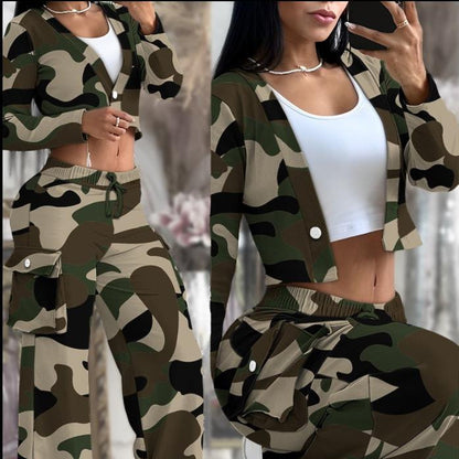 A Women's Casual Long Sleeve Solid Color Button Pocket Wide Leg Pants Set - Mixbatch