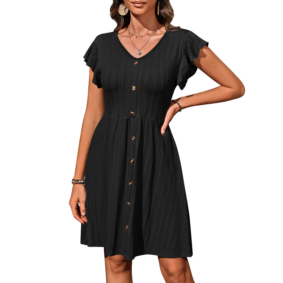 Europe, America, cross-border 2025 Amazon summer new women's clothing V-neck button waist elastic short-sleeved dress women - Mixbatch