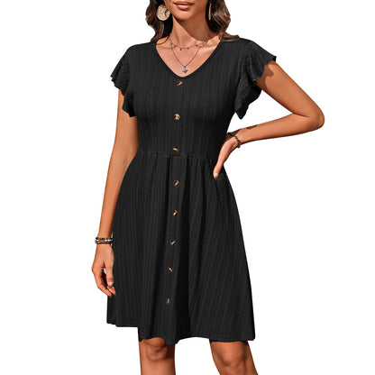 Europe, America, cross-border 2025 Amazon summer new women's clothing V-neck button waist elastic short-sleeved dress women - Mixbatch