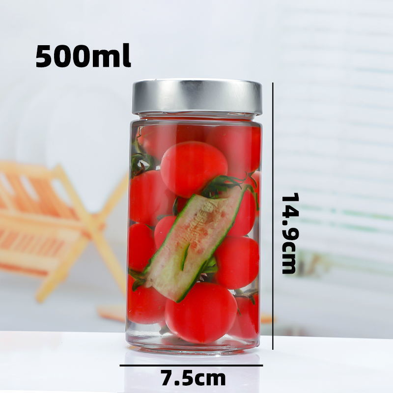 A 500ml high cover honey glass bottle 380ml round sauce bottle kitchen sealed storage tank yellow peach canned bottle wholesale - Mixbatch