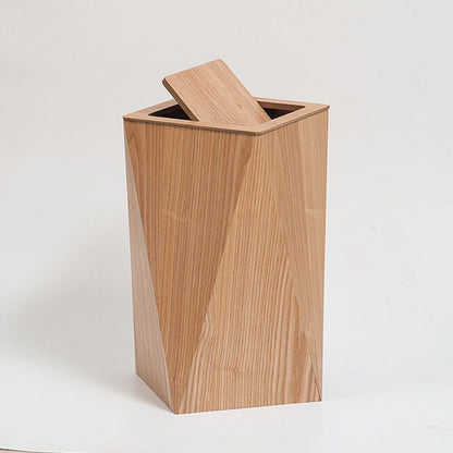 A wooden trash can