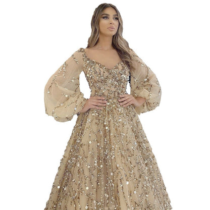 A multi-color heavy industry beaded luxury evening dress sexy lady aura queen dress