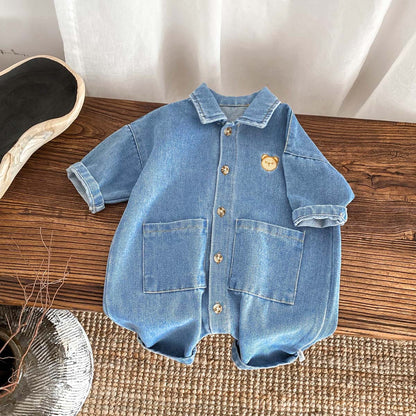 A baby spring and autumn denim jumpsuit for boys and girls, cartoon teddy bear with open buckle, long crawling clothes for newborns - Mixbatch